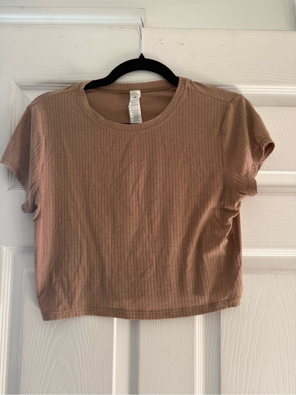 ALO Ribbed Sea Coast Cropped Tee in Toasted Almond